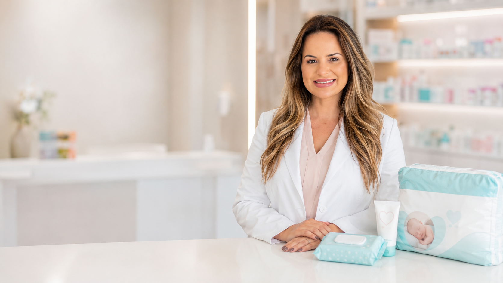 Farmacêutica da Drogaria Sampaio sorrindo no balcão com produtos de bebê