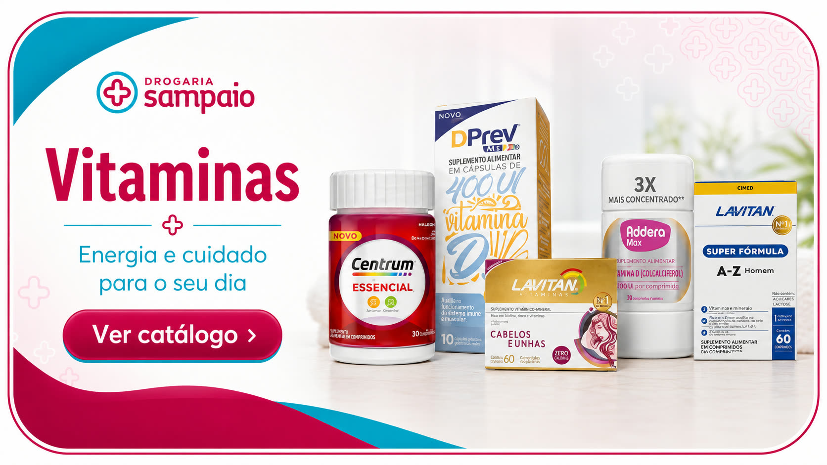 Vitaminas e suplementos disponíveis na Drogaria Sampaio